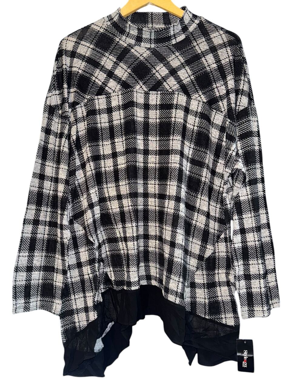 NWT Style & Co Plaid Asymmetrical Hem Mock Neck Blouse Women's 3X Preppy Work